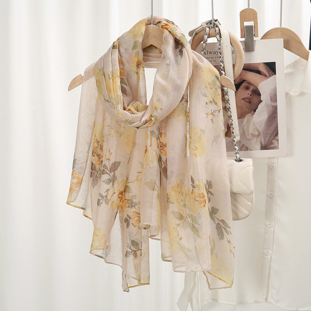 Beautiful Beige Color Floral Printed Summer Friendly Long Hijab / Orna