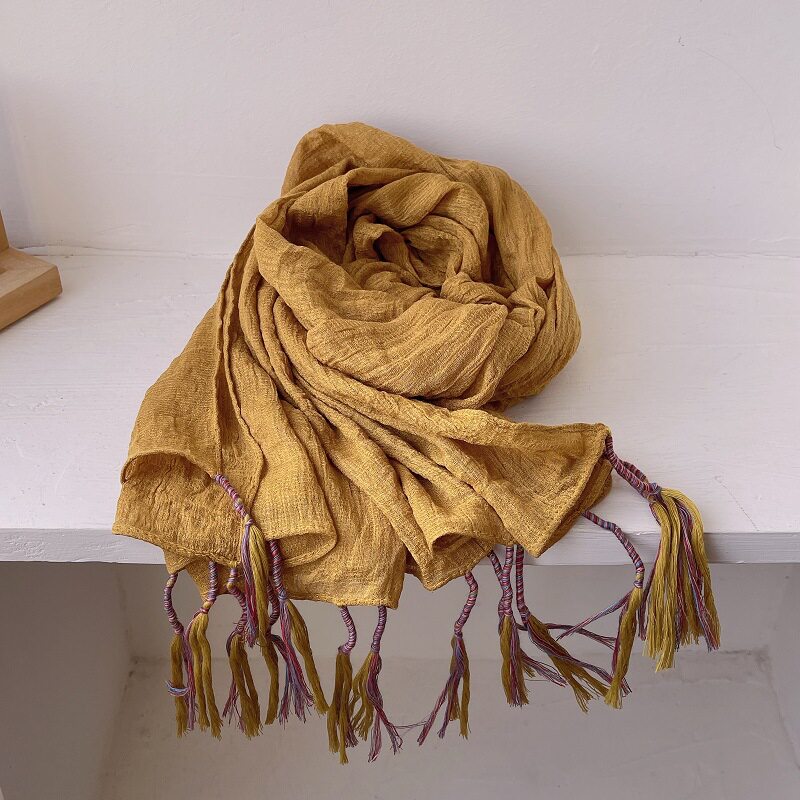 Mustard Yellow Color Classy Winding Tassel Cotton Hijab/Orna