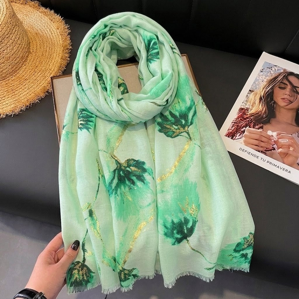High Quality Imported Long Soft Floral Printed Green Party Hijab / Orna