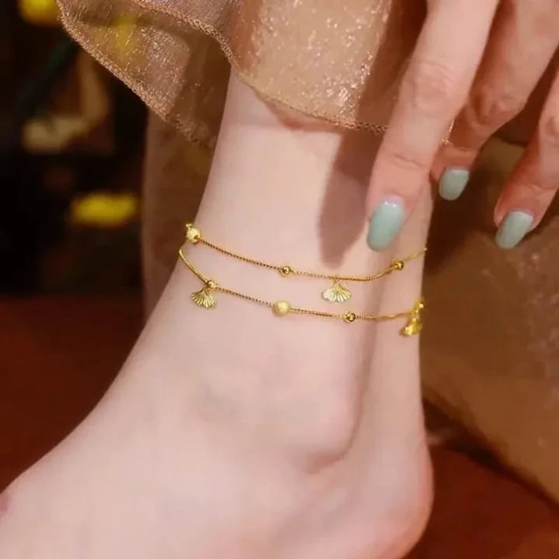 Exquisite Double layered Golden Color Ginkgo Leaf Anklet Chain