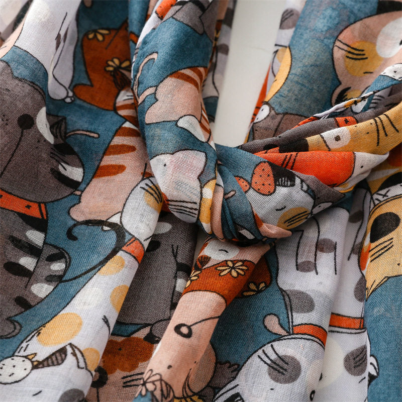 Colorful Cat Printed Soft Long Summer Friendly Tassel Hijab / Orna