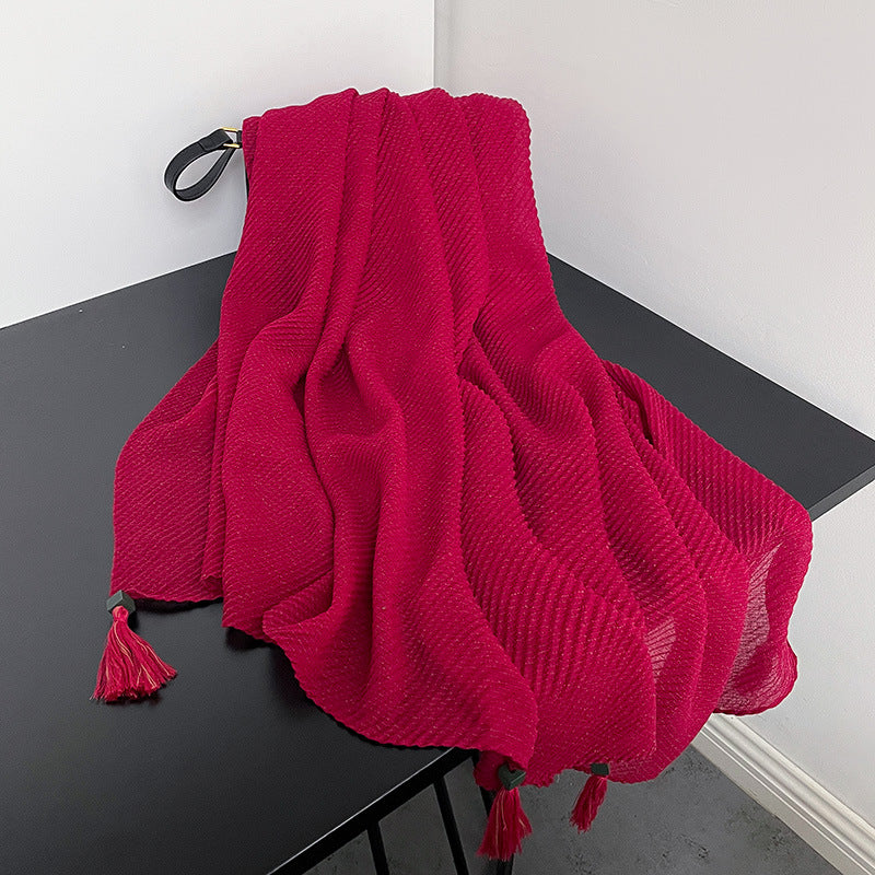 Stunning Rose Red Color Literary Style Retro High-end Japanese and Korean Women's Creative Fashion Pleated Hanging Imported Wooden Bead Pendant Cotton Hijab / Orna
