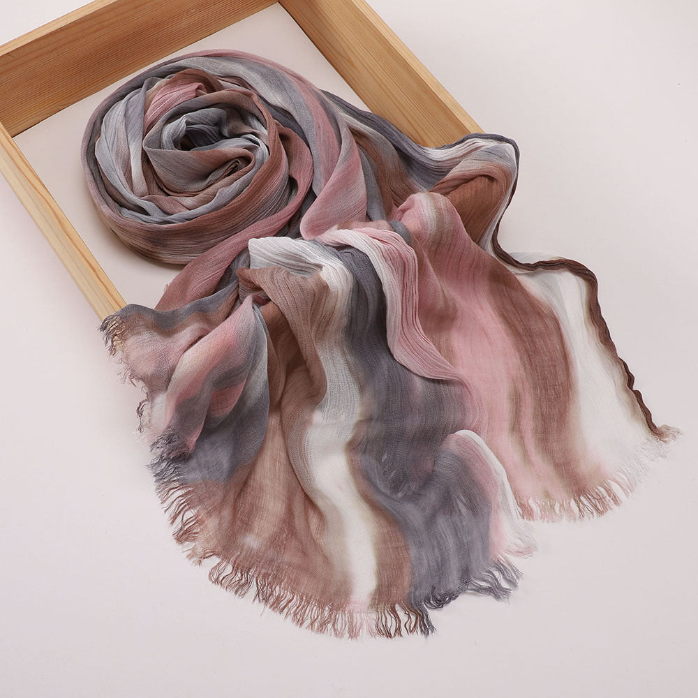 Sophisticated Beige Color High Quality Tudung Rayon Cotton Scarf Women Girl Ombre Striped Imported Long Crinkle Breathable Printed Hijab / Orna