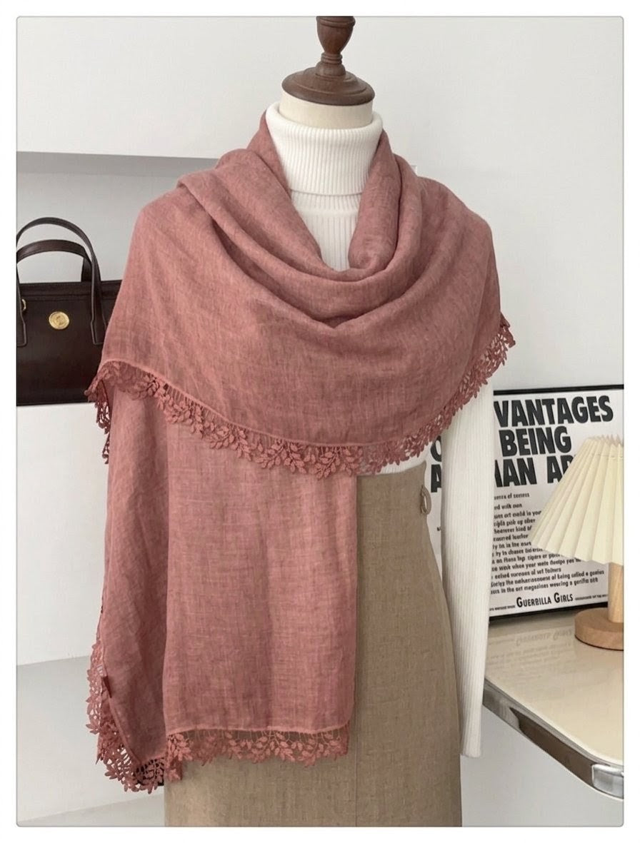 Fashionable Skin Powder Artistic Lace Edged Imported Premium Summer Friendly Cotton Hijab / Orna