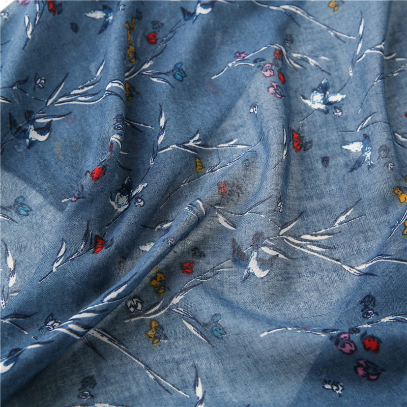 Elegant Dusty Blue Floral Printed Super Soft Long Summer Friendly Tassel Hijab / Orna