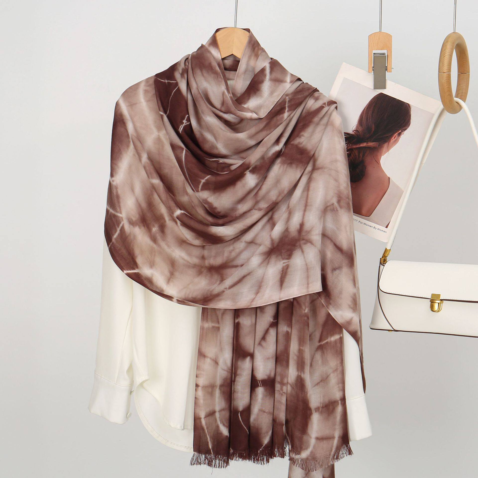 Beautiful Brown High Quality Tie-Dye Rayon Cotton Scarf Women Girl Ombre Striped Imported Long Crinkle Breathable Printed Hijab / Orna