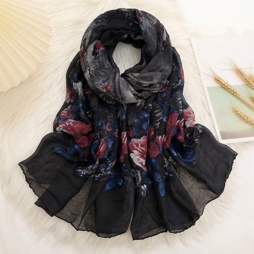 Classy Grey Floral Printed Soft Lightweight Long Hijab / Orna
