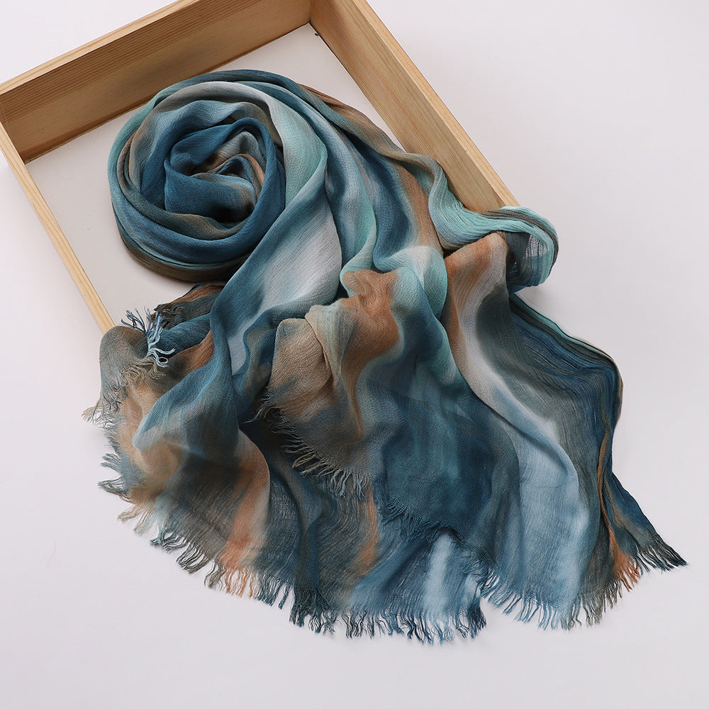 Fashionable Blue Green Quality Tudung Rayon Cotton Scarf Women Girl Ombre Striped Imported Long Crinkle Breathable Printed Hijab / Orna
Material: Rayon Cotton