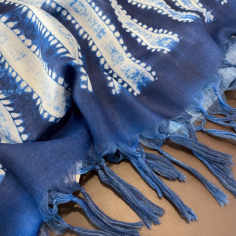 Ethnic Tie-Dye Style Buckle Women's Travel Sun Protection Yunnan Blue and White Literature Art Chinese Big Size Scarf / Hijab