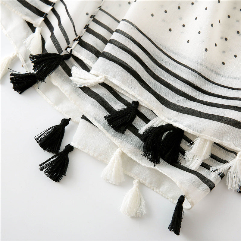 Sophisticated Off White Black Geometric Printed Long Soft Imported Summer Friendly Tassel Hijab / Orna