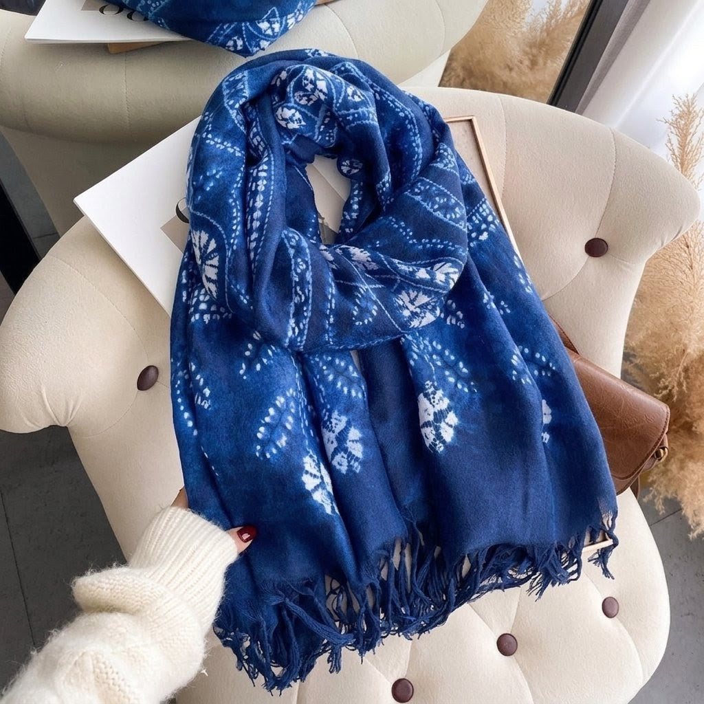 Ethnic Tie-Dye Style Buckle Women's Travel Sun Protection Yunnan Blue and White Literature Art Chinese Big Size Scarf / Hijab