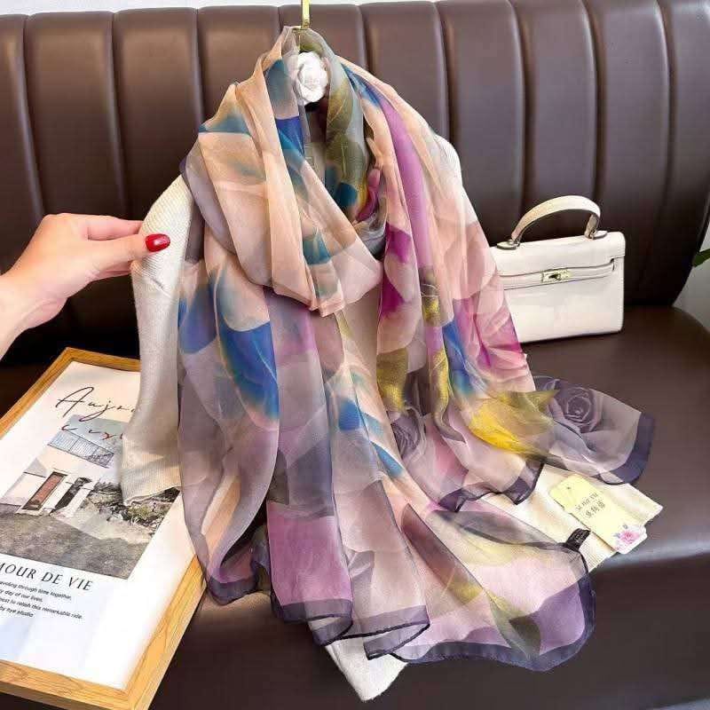 Stunning floral patterned pastel long silk scarf
