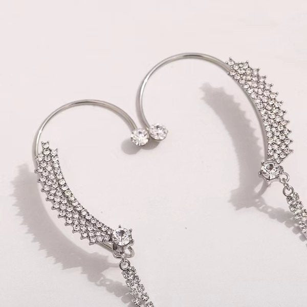Stunning Silver Color Chain Pearl Crystal Tassel Ear Cuff Without Piercing Clip Earrings Irregular Ear Clip ( 1 pair)