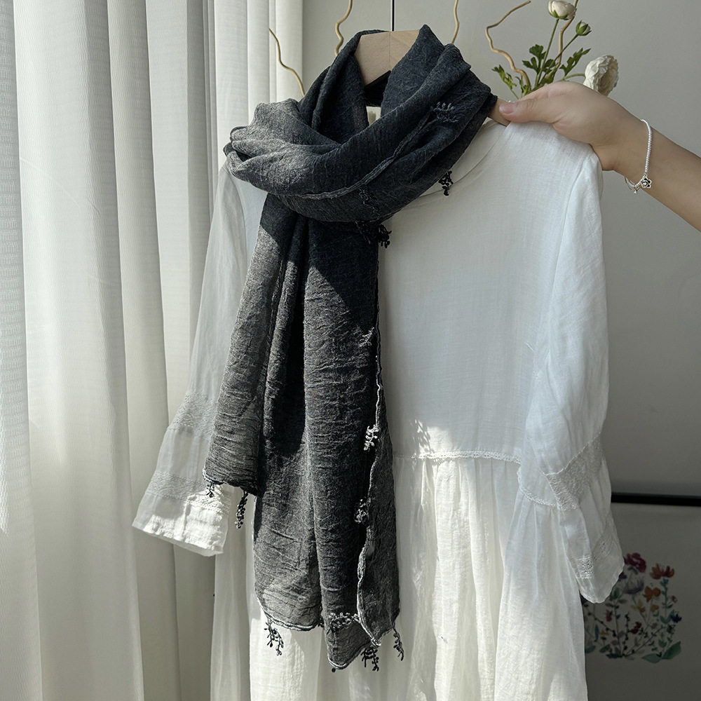 Fashionable Dark Gray Summer-Friendly Long Cotton Imported Hijab Finished With Hanging Leaves Tassel Fringes Along The Borders