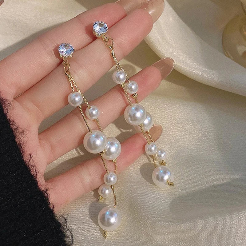 Beautiful pearl long tassel earrings