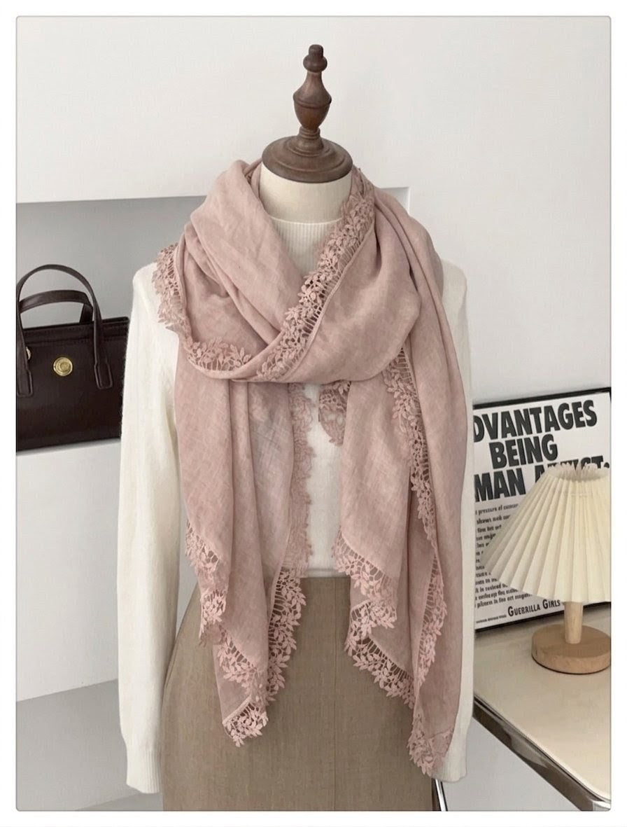 Lovely Blush Pink Artistic Lace Edged Imported Premium Summer Friendly Cotton Hijab / Orna