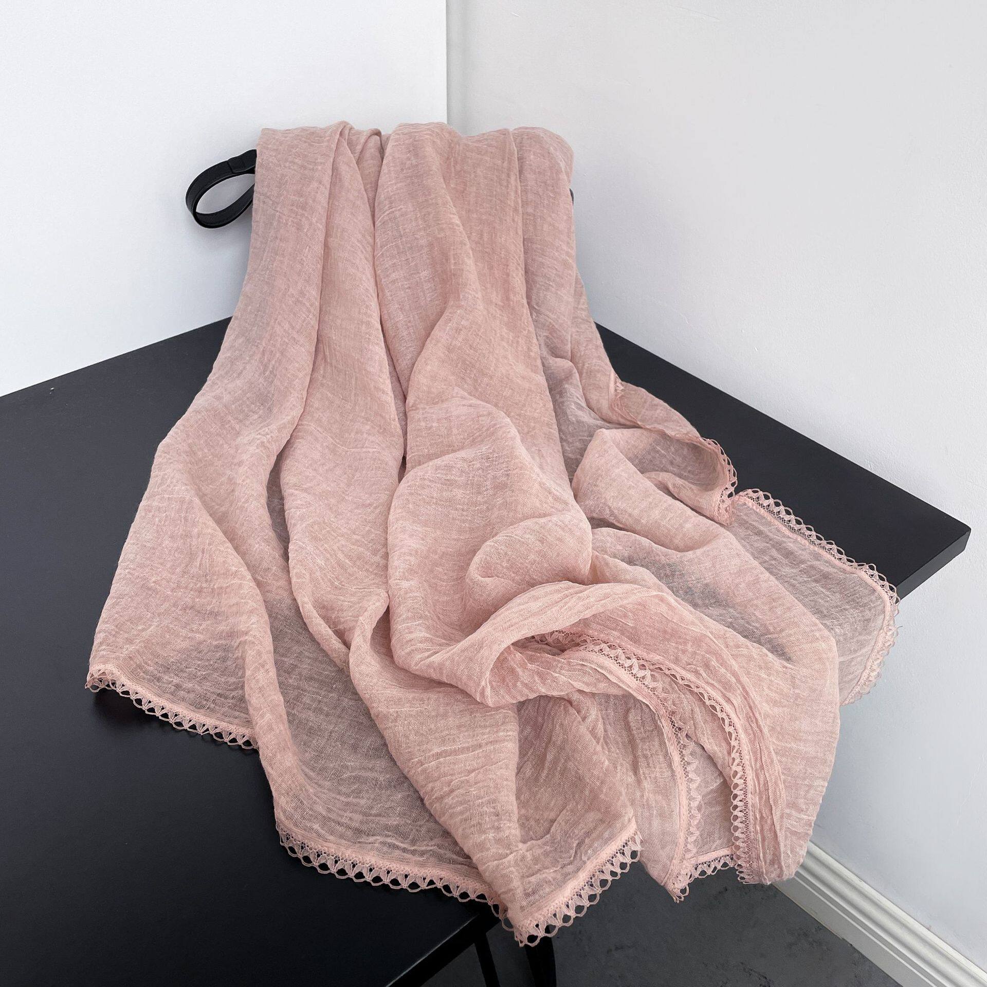 Pretty Pink Lace Pleated Artistic Imported Premium Soft Cotton Lace Hijab / Orna