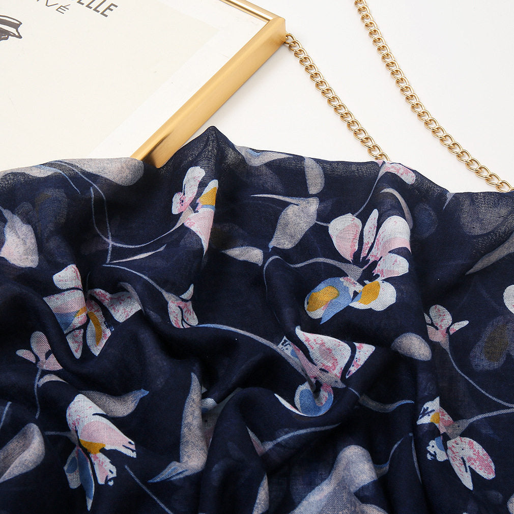 Blue black mixed floral printed tassel soft breathable long hijab / orna