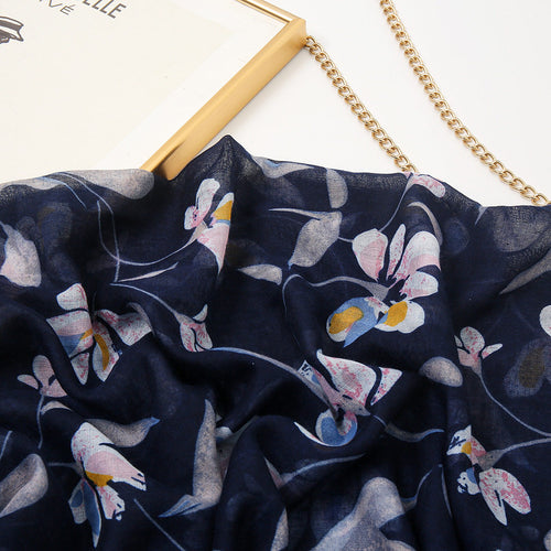 Blue black mixed floral printed tassel soft breathable long hijab / orna