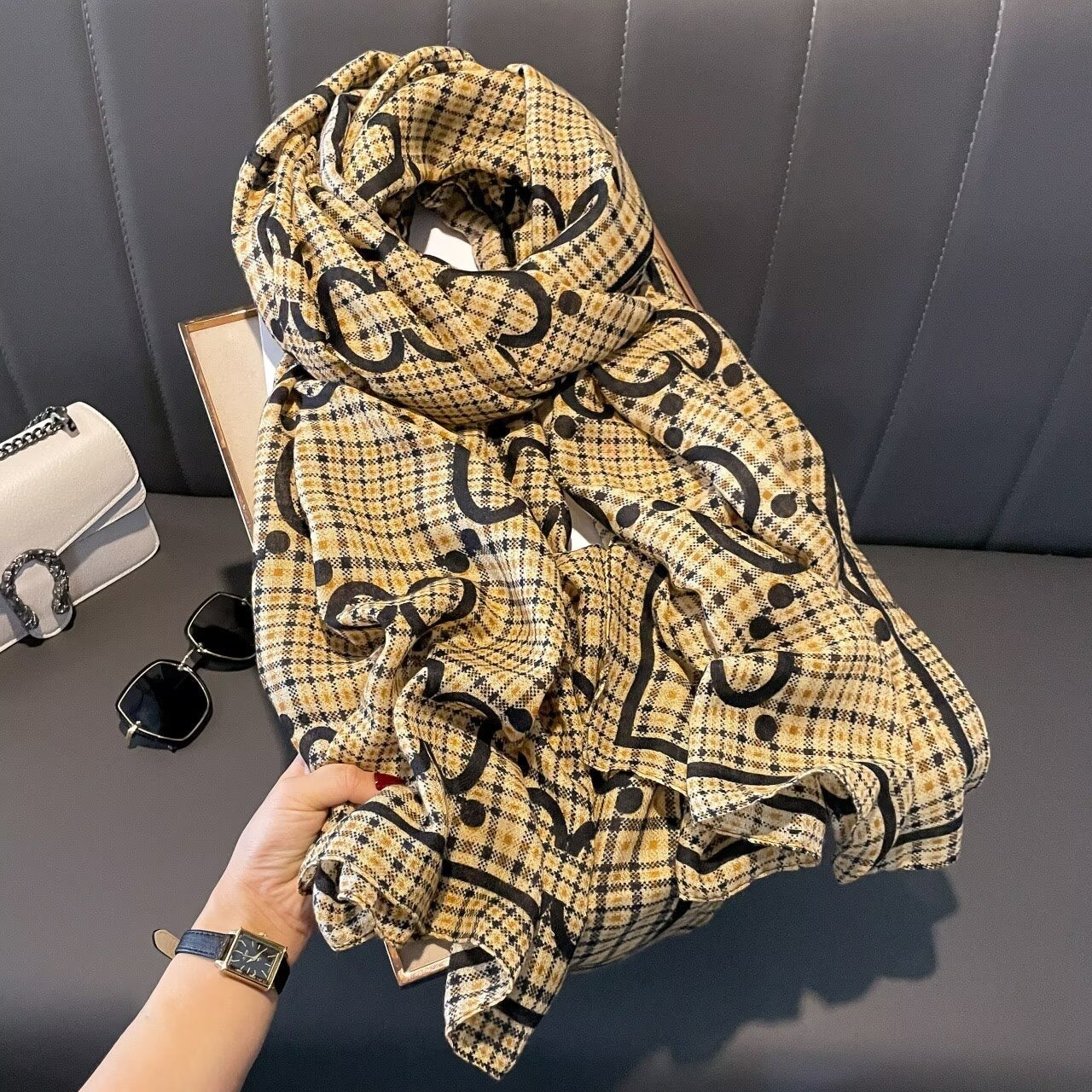 Elegant Golden Beige Mixed Printed Imported Summer Friendly Hijab /Orna