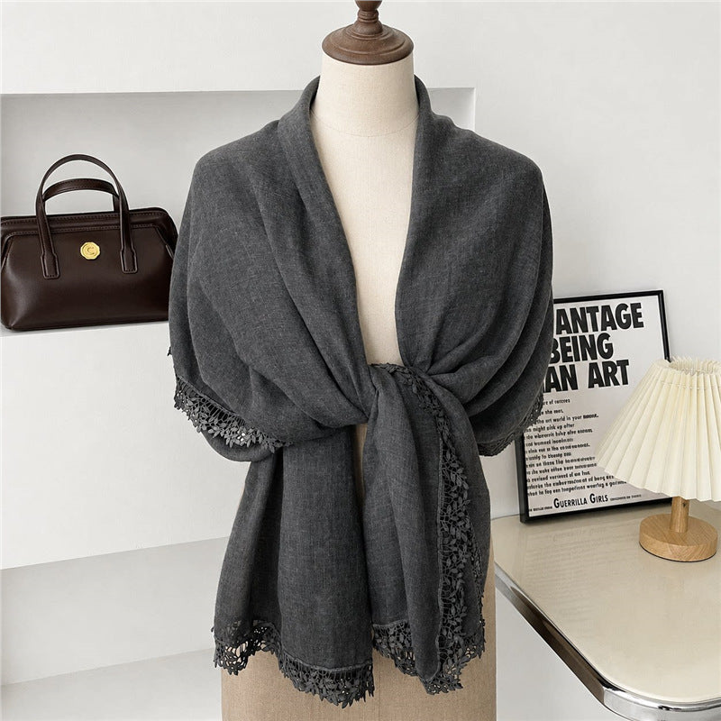 Elegant Dark Grey Artistic Lace Edged Imported Premium Summer Friendly Cotton Hijab / Orna