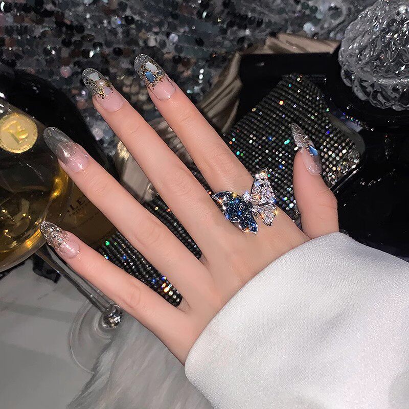 Elegant Korean Style High Quality Exquisite Zircon Ring Ring Women's Opening Adjustable Dieting Finger Ring Light Luxury Niche Personalized Design Imported Adjustable Blue & White Butterfly Ring