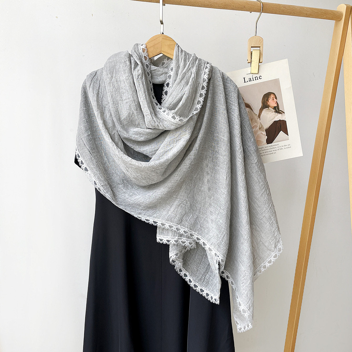 Elegant Grey Color Versatile Artistic Lace Edged Imported Premium Summer Friendly Cotton Hijab / Orna