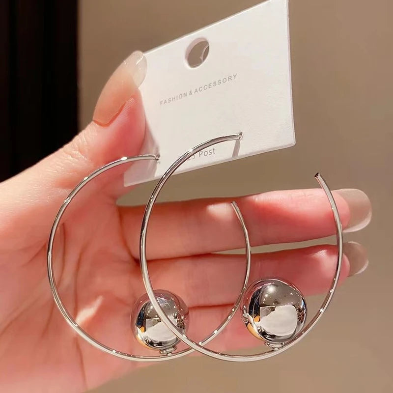 Silver Color Metal Big Circle Hoop Earrings For Women Exaggerated  Color C-Shaped Round