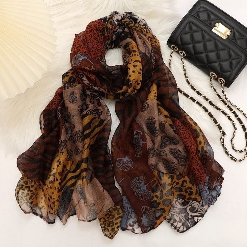 Stylish Coffee Yellow Color Leopard Printed Imported Skin-friendly Long Hijab / Orna