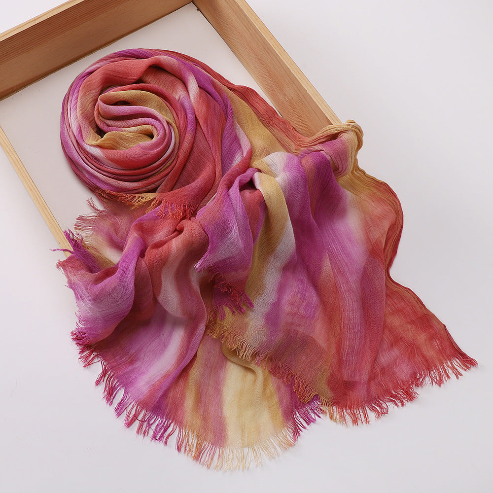 Lovely Orange High Quality Tudung Rayon Cotton Scarf Women Girl Ombre Striped Imported Long Crinkle Breathable Printed Hijab / Orna