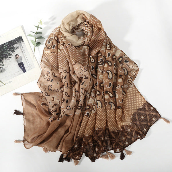 Fashionable Brown Color Floral Printed Super Soft Long Summer Friendly Tassel Hijab / Orna
