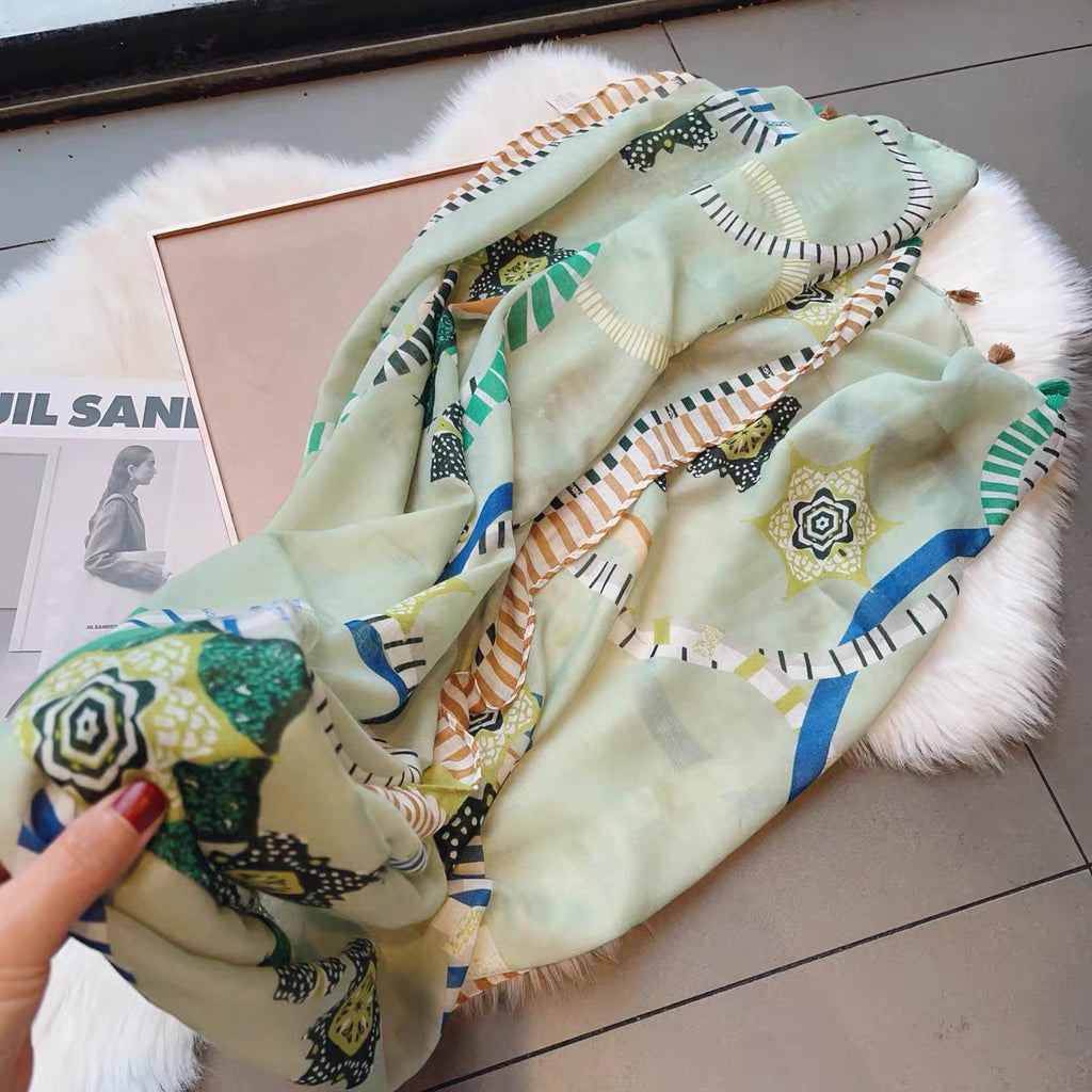 Imported Mint Green Geometric Patterned Super Soft Premium Cotton Long Tassel Cotton Hijab / Orna