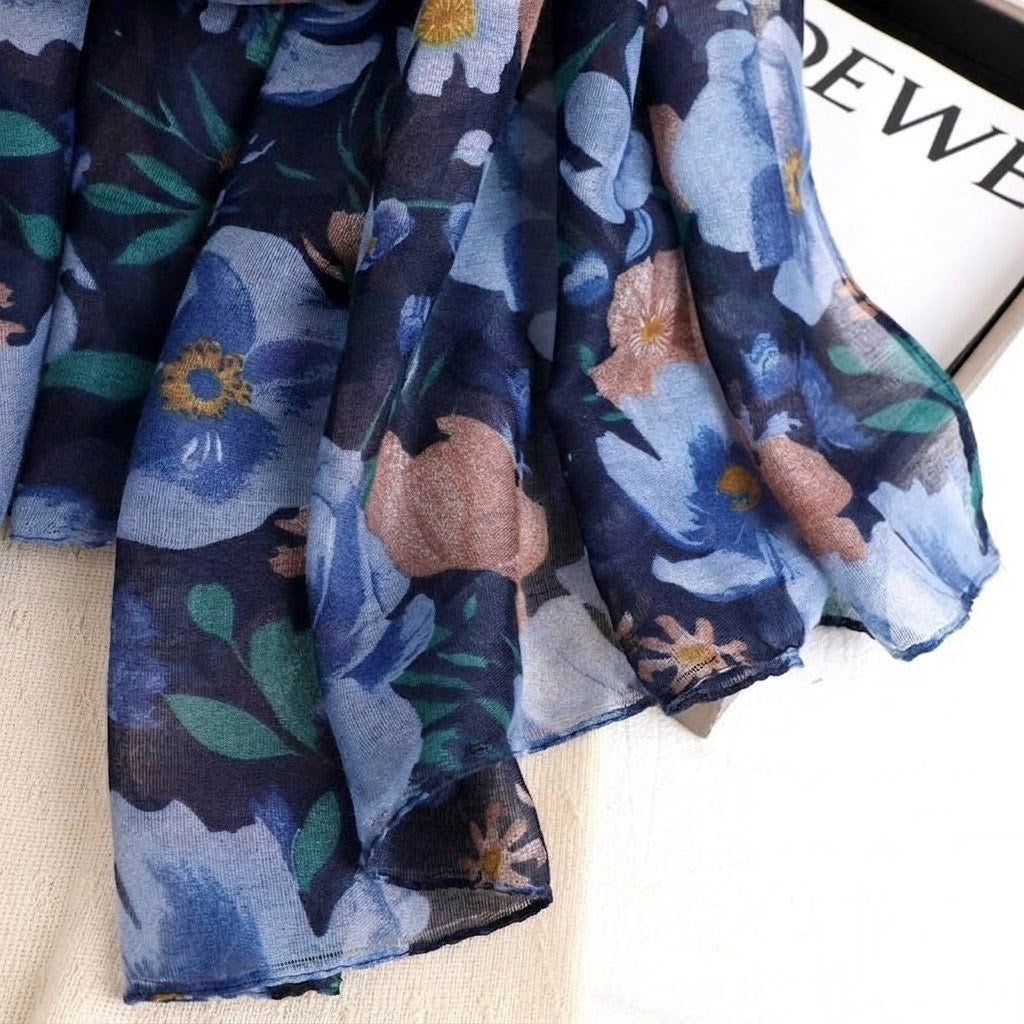 Elegant Blue Color Floral Patterned Soft Lightweight Long Hijab / Orna