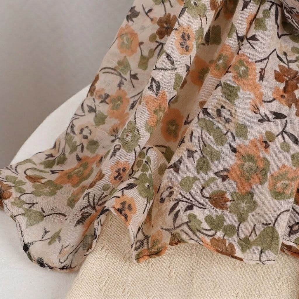 Beautiful Beige Color Floral Patterned Soft Lightweight Long Hijab / Orna
