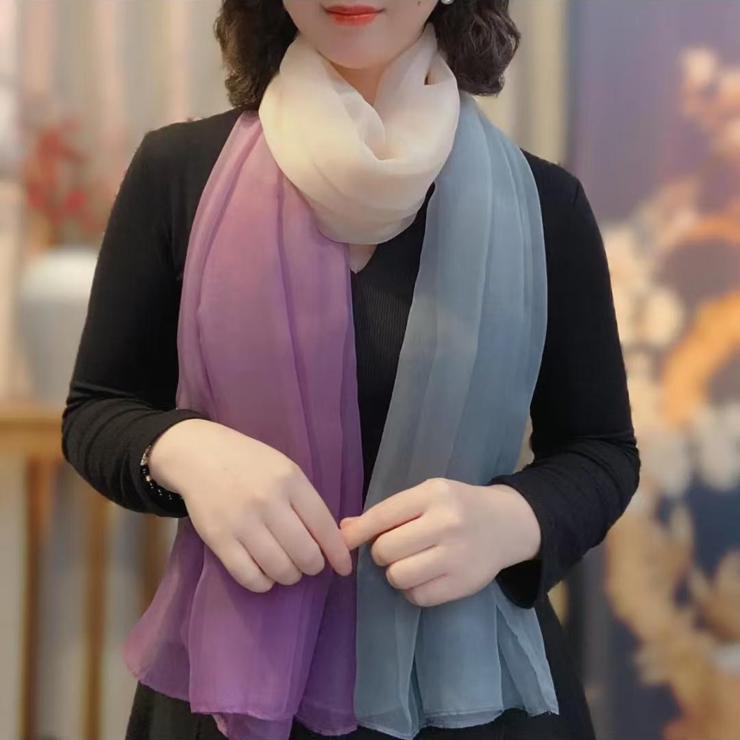 Purple gray gradient color long silk scarf