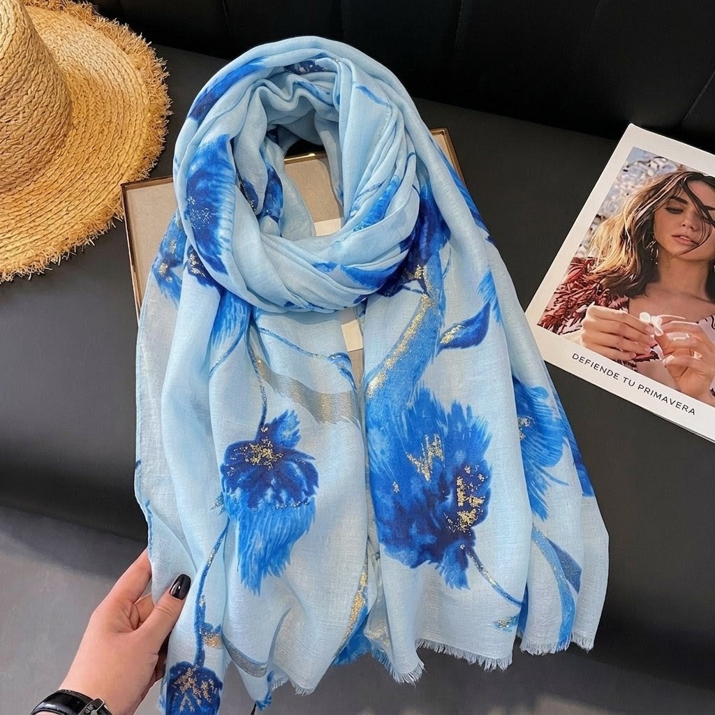 Elegant Blue Color High Quality Imported Long Soft Floral Printed Party Hijab / Orna