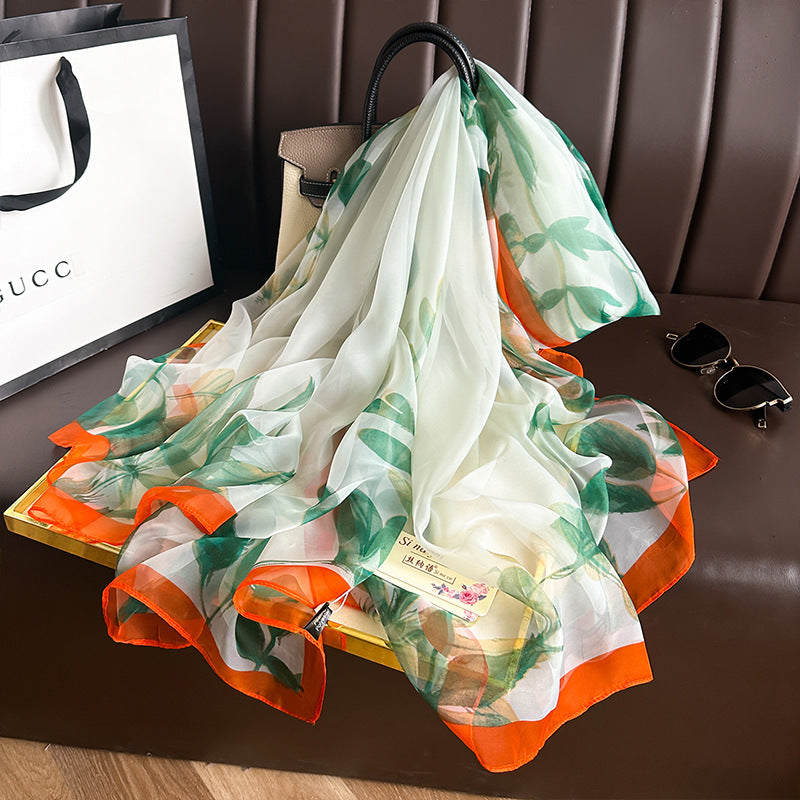 Beautiful leafy green & white botanical printed long silk scarf