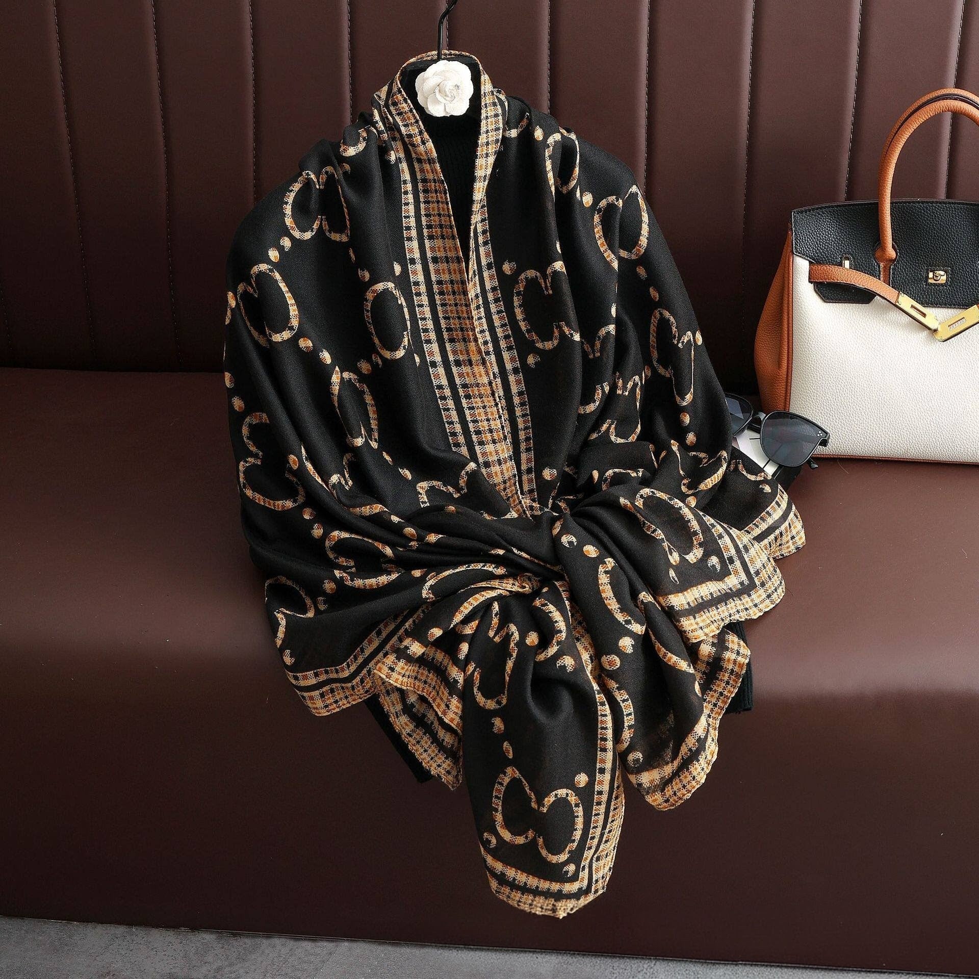 Elegant black golden mixed  printed soft long imported viscose hijab / orna