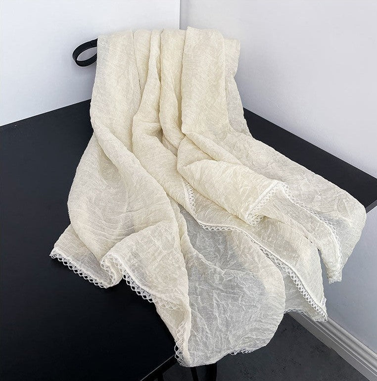 Sophisticated Off White Lace Pleated Artistic Imported Premium Soft Cotton Lace Hijab / Orna