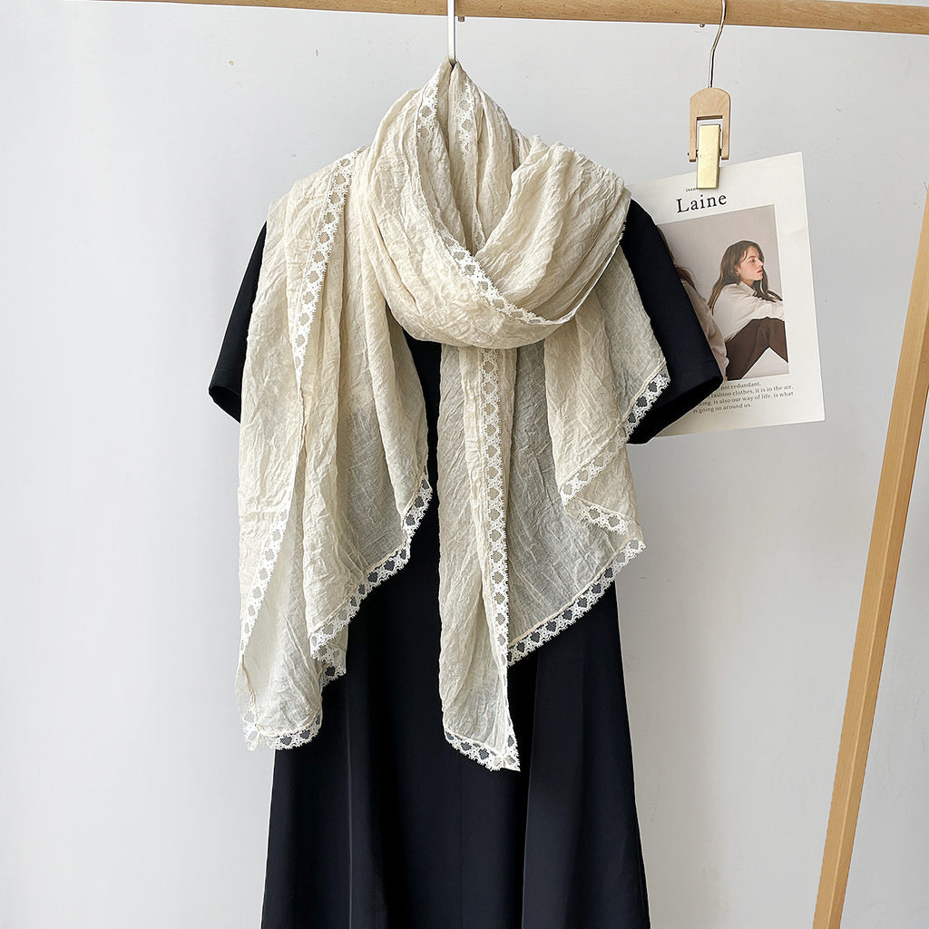 Sophisticated Off White Versatile Artistic Lace Edged Imported Premium Summer Friendly Cotton Hijab / Orna