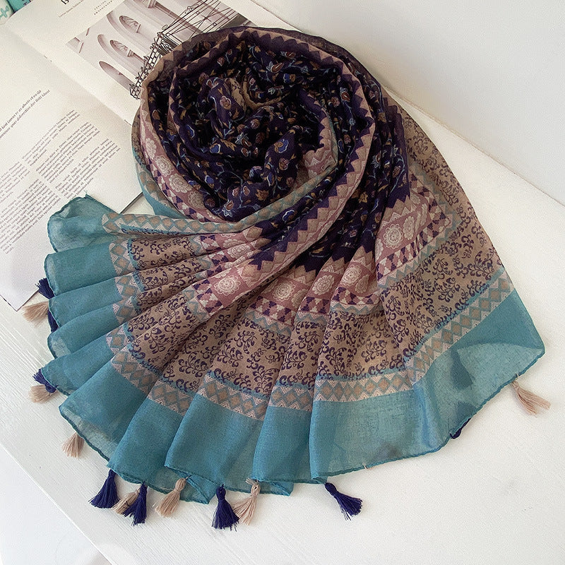 Boho style summer friendly navy blue long tassel hijab / orna