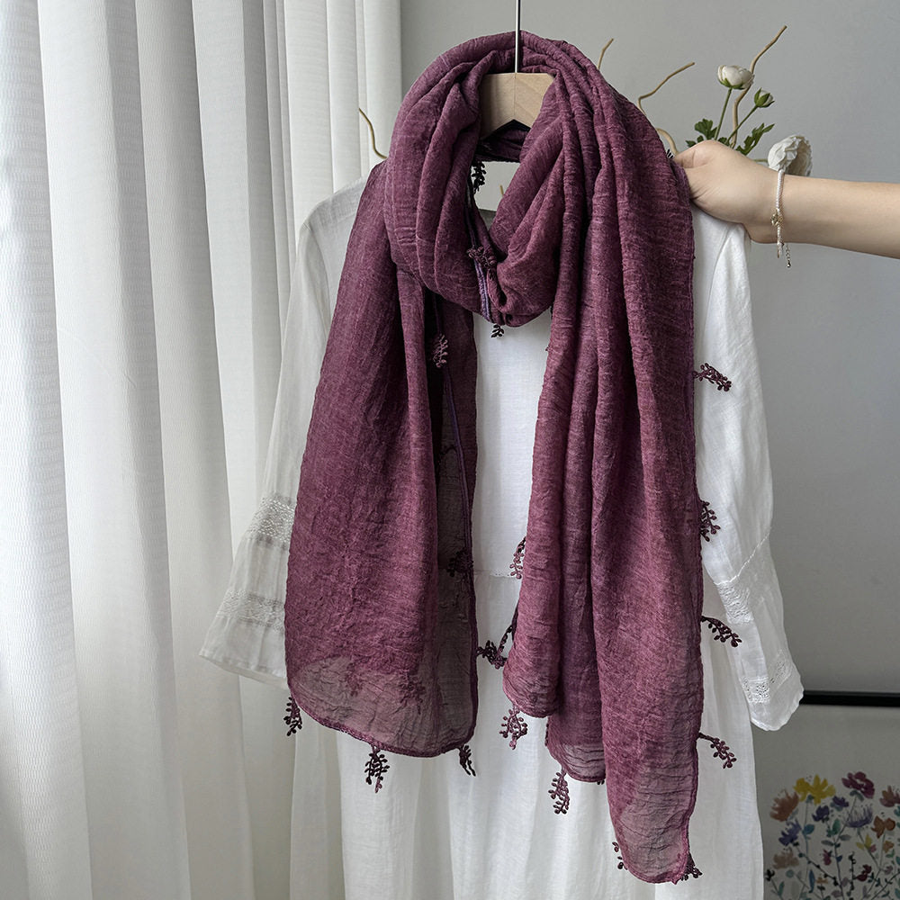 Stylish Rose Purple Summer-Friendly Long Cotton Imported Hijab Finished With Hanging Leaves Tassel Fringes Along The Borders
