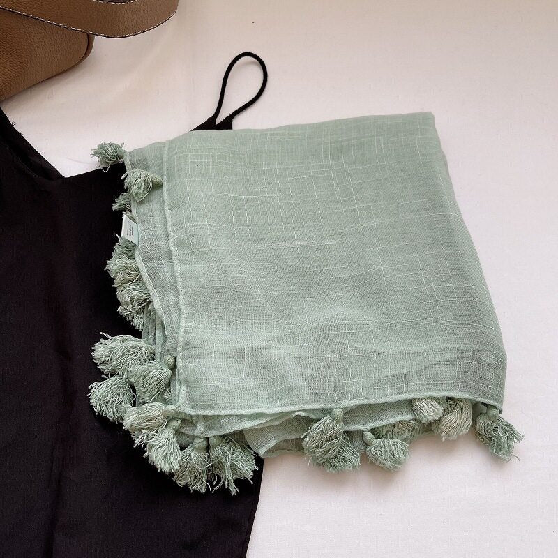 Classy Seafoam Green Fringed Vintage-Style Imported Super Soft Long Summer Friendly Tassel Cotton Hijab / Orna