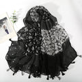 Stylish Black Color Floral Printed Super Soft Long Summer Friendly Tassel Hijab / Orna