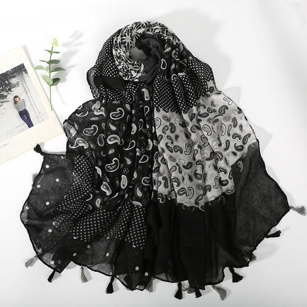 Stylish Black Color Floral Printed Super Soft Long Summer Friendly Tassel Hijab / Orna