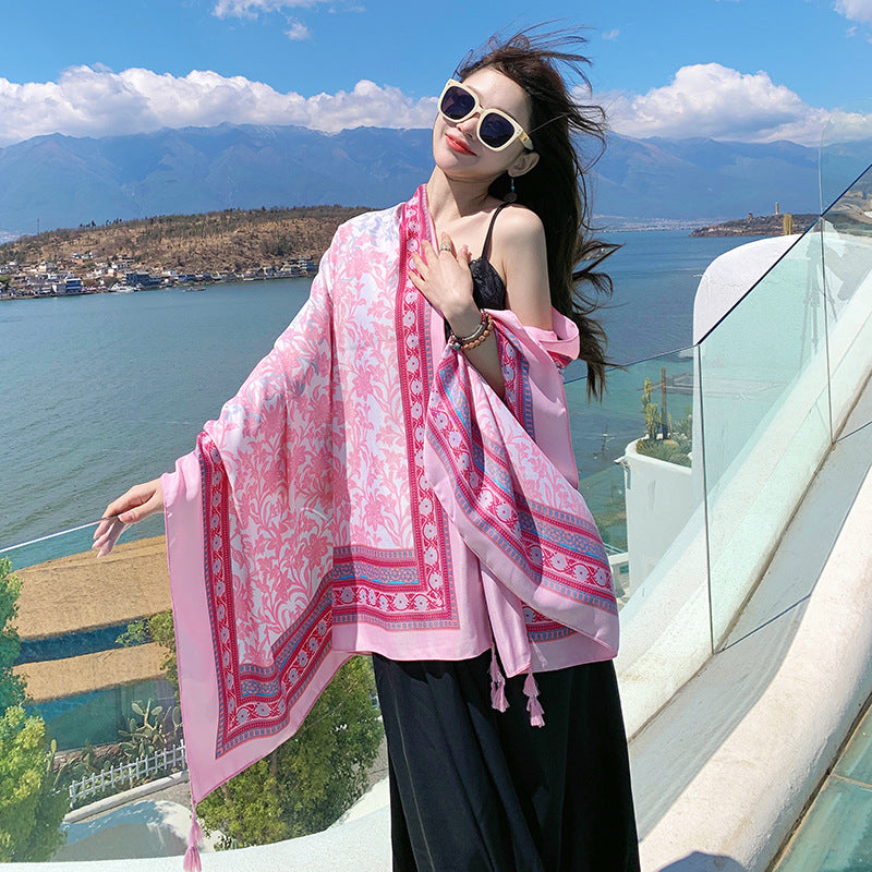 Pretty Pink Color Ethnic Style Printed Summer Friendly Long Tassel Hijab / Orna