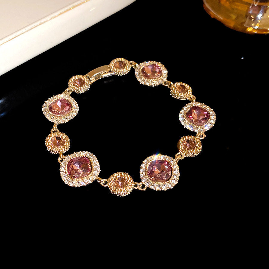 Classy Dopamine Diamond-Encrusted Square Geometric Buckle Gold-Purple Imported Light Luxury and High-End Bracelet