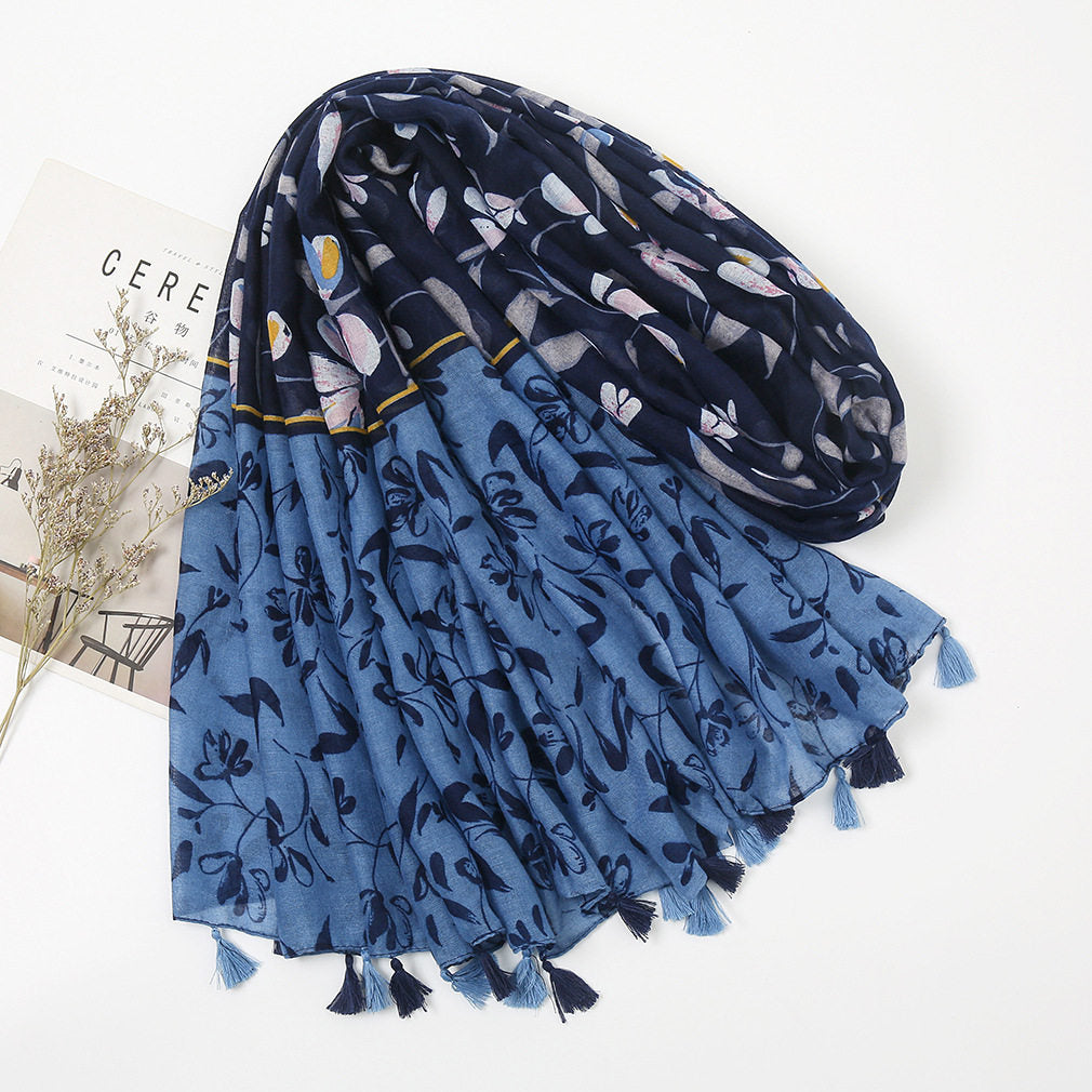 Blue black mixed floral printed tassel soft breathable long hijab / orna