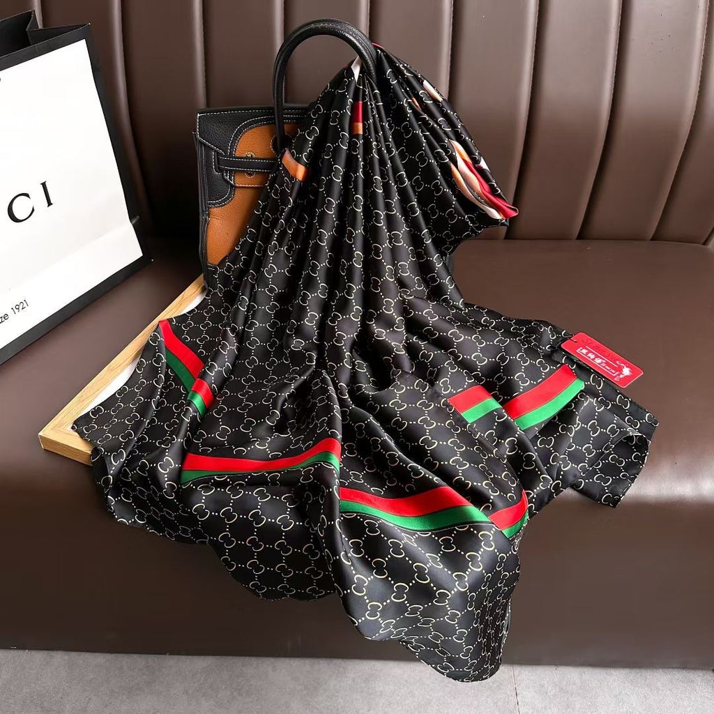 Elegant black printed long silk scarf / orna