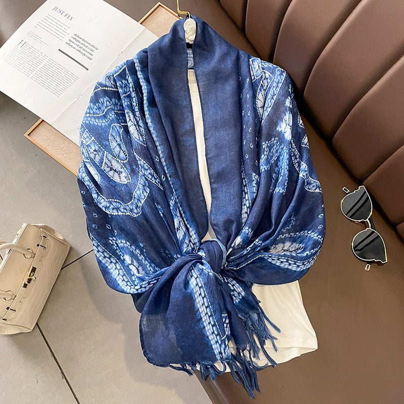 Ethnic Tie-Dye Style Buckle Women's Travel Sun Protection Yunnan Blue and White Literature Art Chinese Scarf / Hijab